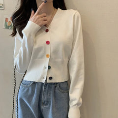 Bxoxo Autumn and Winter Little Fresh Colorful Buttons Younger Slim-Fit Slimming V-Collar Cardigan Long-Sleeved Sweater Top for Women
