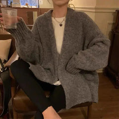 Bxoxo Autumn Warm Knitting Cardigan Sweater Women Korean Lazy Wind Soft All Match Cardigans Female Solid Loose Knitwear Coats