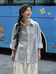 Bxoxo Preppy Style Sweet Striped Shirt Women Loose Casual Long Sleeve Blouse Fall New Vintage Pocket Korean Female Simple Retro Tops