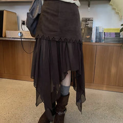 Bxoxo Vintage Brown Mesh Skirts Women Asymmetrical Harajuku Y2k Mid Skirt Japanese Style Streetwear Long Skirts Aesthetics