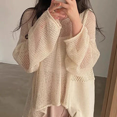 BXOXO Women Hollow Out Sexy Loose Shirts Knit Lantern Sleeve Casual Tops Beach Mesh Chic Tees For Women Autumn Winter