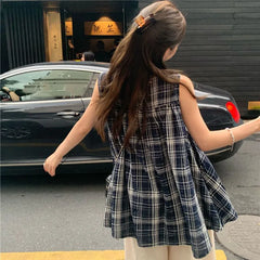 Bxoxo Japanese Sweet Plaid Shirt Women Summer Chic Patchwork Sleeveless Blouse Female New Loose Streetwear All Match O Neck Tops