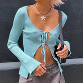 Front Tie Up T-shirt Women Vintage Long Sleeve Slim Fit Tee Fairy Y2K Knitted Cardigans Crop Tops Korean Streetwear
