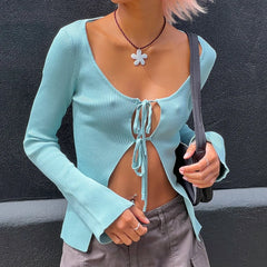 Front Tie Up T-shirt Women Vintage Long Sleeve Slim Fit Tee Fairy Y2K Knitted Cardigans Crop Tops Korean Streetwear