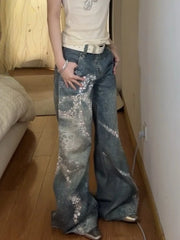 Bxoxo Y2k Vintage Rhinestone Butterfly Women Jeans Washed Harajuku Wide Leg American Style Baggy Denim Pants Gyaru Hip Hop