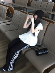 Bxoxo Korean Sle Summer Casual Pants Patchwork ort Sve Striped SEI Flower Bud Hem Lace Trim Loose Fit round Ne Top