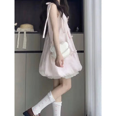 Bxoxo Sweet Pink Butterfly Knot Flower Bud Dress Women's Loose Slimming Short Skirt Summer New Style Student Mini Dress Casual Chic