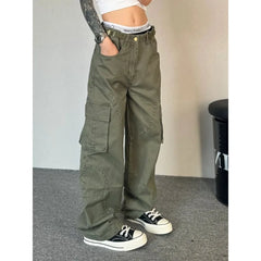 Bxoxo Y2k Green Vintage Cargo Pants Women Harajuku Multiple Pockets Korean Fashion Denim Pants Baggy Hip Hop Trousers Spring