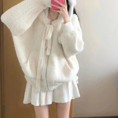 BXOXO Kawaii Sweet Knitted Cardigan Women Elegant Zip Up Hooded Cardigan Cute Japanese Style Solid Autumn Winter Sweater Coat