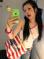 Bxoxo Y2k Japanese Tank Tops Women Patchwork Sleeveless Print Floral Tops Off Shoulder Camis Tops Irregular Summer T-shirts