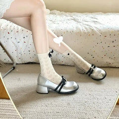 Bxoxo French Mary Jane Shoes Women's Spring 2025 New Style Versatile College Style Butterfly Knot Thick Heel Low Cut Single Shoes