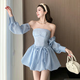 BXOXO Ladies Ribbon Mini Dress Lace Up Strap Pure Color Streetwear Party Club Elegant Y2K Size Skinny Hollow Backless Strapless Sexy