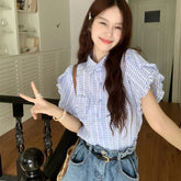 Bxoxo Korean Ruffles Short Sleeve Plaid Shirt Women Preppy Sweet Turn Down Collar Blouse female Summer chic Pocket Button blouse