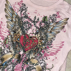 BXOXO Grunge Y2K Long Sleeve T-shirt 90s Vintage Winged Graphic Print Tees Cottage 2000s Retro Aesthetic Crop Tops Women Clothes