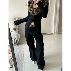 BXOXO Detachable Leopard Print Fur Collar Tops Mujer Autumn Winter New Slim Fit Sweaters Black Long Sleeve Cardigan Women