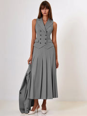 BXOXO Autumn Two Piece Sets Women Double-breasted Vest And Split Skirt Matching Sets Fashion Long Pleated Skirt Two Piece Set