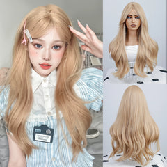 BXOXO Synthetic 24 Inch Blonde Curly Wave Bangs Wig Fiber Wig Heat-resistant Non-Glare Natural Soft Cosplay Hairpiece For Women
