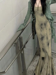 BXOXO New Chinese Style Halo Dyeing Slim Fit Camisole Dresses+ Y2k Ruffles Long Sleeve Green Cardigan Spring Two Piece Sets