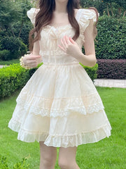 Bxoxo 3D Floral Sweet Mini Dress Women Casual Fashion Slim Flying Sleeve Cake Dress Preppy Style Lace Patchwork Cute Vestidos New