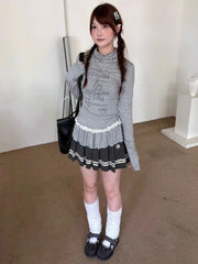 Bxoxo Korean Style Gray T-shirt Women Vintage Polka Dot Long Sleeve Tees Y2k Fashion Lace Patchwork Slim Streetwear T-shirt