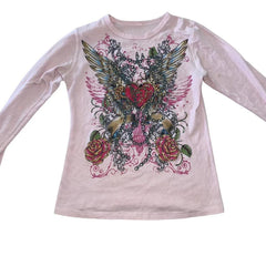 BXOXO Grunge Y2K Long Sleeve T-shirt 90s Vintage Winged Graphic Print Tees Cottage 2000s Retro Aesthetic Crop Tops Women Clothes