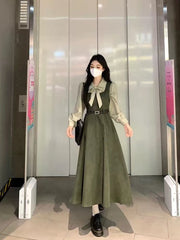 Bxoxo Y2K Fake 2 Piece Long Sleeve Midi Dress Women Autumn Chic Preppy Bow Tie Lapel Shirt Elegant Office Lady Casual Fake Two Pieces