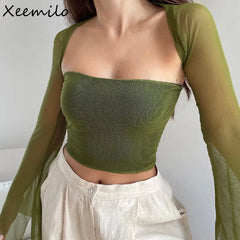 Bxoxo Aesthetic Vintage Women 2 Piece Sets Green Strapless Tank Top With Sexy Mesh Sheer Flare Long Sleeve Shawl Street Outfit