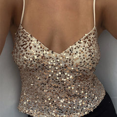 BXOXO Women Y2k Glitter Sequin Cami Top Spaghetti Strap Backless Sparkle Camisole Sexy V Neck Crop Tank Top Party Clubwear