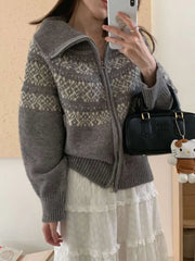 Bxoxo Print Retro Zipper Cardigan Women Loose Turtleneck Long Sleeve Korean Knitted Sweaters Vintage Female Casual Sweet Tops New