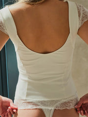 Bxoxo Vintage Women T-shirts V Neck Short Sleeve Backless Lace Patchwork Tops Summer Party Slim Fit Tees Streetwear