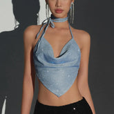 Bxoxo Y2K Shinny Backless Tank Top Sexy Deep V-neck Bandage Halter Crop Tops Aesthetic Irregular Shape Skinny Slim Women Camis