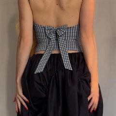 BXOXO Korean Fashion Bow Backless Tank Top Casual Streetwear Plaid Print Sleeveless Crop Tops Summer Slim Fashion Corsets
