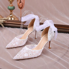 BXOXO Size 33-42 Summer Beaded Women White Wedding Shoes Ankle Strap Pointed High Heel Pumps