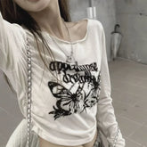 BXOXO Sexy Pleated Grunge Tee Shirts Femme Slim Fit Y2k Aesthetic Letter Print Long Sleeve Cropped Top Women Fashion All Match T-shirt