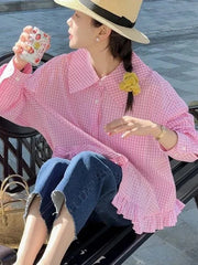 Bxoxo Vintage Black Plaid Shirt Women Loose Sweet Preppy Style Long Sleeve Blouse Fall Casual Retro Cute All Match Female Tops New