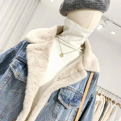 Bxoxo Jean Jacket Korean Winter Both Side Wear Thick Warm Lamb Velvet Denim Coat Single Breasted Buttons Patchwork Plush Outwear T470
