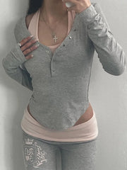 BXOXO Buttons V-neck Crop Top Y2K Aesthetic Long Sleeve Slim T Shirt for Women Autumn Harajuku Gray Casual Korean Style