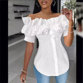 BXOXO Sexy One-piece Collar Slim White Shirt And Blouses Women's Summer Short Sleeve Fashion Ruffle Button Cardigan Female Shirts Top