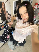 Bxoxo Y2k Japanese Plaid Shirt Women Short Sleeve Pocket Slim 2000s Aesthetic Crop Tops Summer Vintage Blouse And Shirt Retro