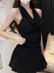 Bxoxo Elegant Halter Neck Black Mini Skirt Women Summer Fashion Lace Patchwork Slim Dress Y2K Sexy Off Shoulder Sleeveless Vestidos