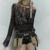 BXOXO Gothic Goth Black Mesh Tops Women Grunge Aesthetic Off Shoulder Graphic Crop T Shirts See Through Trashy Y2k 2000s Tees
