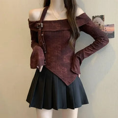 Bxoxo Fashion Slash Neck T Shirt Women Korean Elegant Off Shoulder Irregular Women Tops Harajuku Tie Dye Long Sleeve Pullovers