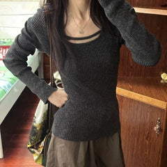 Bxoxo Sexy Hollow Solid Sweater Women Y2k Aesthetic Slim Fit Knitted Harajuku Jumper All Match Korean Sexy Pullover Female Knitwear
