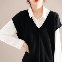 Bxoxo Cashmere Vest Ladies New 100%Pure Wool Knit Waistcoat Spring V-Neck Large Size Sweater Wild Sleeveless Vest Solid Loose Top