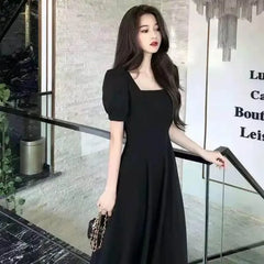 BXOXO Slim Fit Women White Dress Bubble Sleeve Square Neck Light Wind Style Long Skirt Summer Casual Korean Style