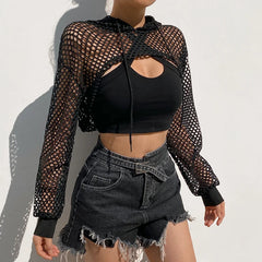 BXOXO Street Style Fishnet Holes T Shirt See Through Hollow Out Hooded Full Sleeve Crop Top Women Casual Loose Shirt Smock Fall