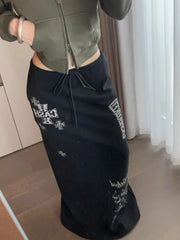 Bxoxo Black Gothic Long Skirt Women Japanese Style Harajuku Y2k Print Skirts Vintage 2000s Streetwear A-line Skirts Aesthetic