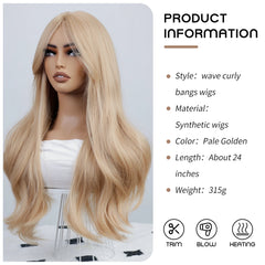 BXOXO Synthetic 24 Inch Blonde Curly Wave Bangs Wig Fiber Wig Heat-resistant Non-Glare Natural Soft Cosplay Hairpiece For Women