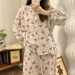 Bxoxo Women's Sweet Cute Pajamas Set Female Korean Style Home Clothing Girl Bear Foral Print Sleepwear Long Sleeve Pant Nightwear 2XL