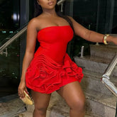 BXOXO Christmas Birthday Banquet Party Elegant Y2K Summer Bodycon Dresses Women Chic 3D Flowers Hem Skinny Sexy Strapless Dress